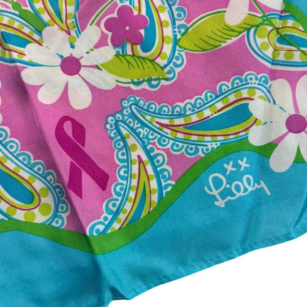 Lilly Pulitzer Scarf Women OS Pink Blue Floral Paisley Silk Ford Breast Cancer
